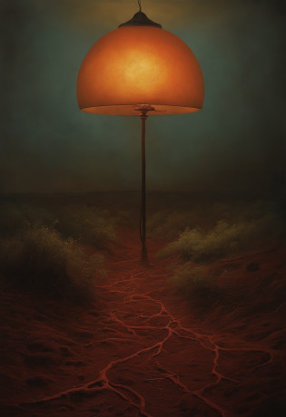 Image in the style Zdzis?aw Beksi?ski a lamp occupying 2-4 of the screen, Only its inner glow is seen more radiant and from its base sprout red roots that blend into the soil.They invade the screen in a chaotic and aggressive way, (clima de terror) (The mysterious background of the sky ( cores vibrantes) (Near the lamp, A corpse meditates on the ground (atmosfera misteriosa) ocultista