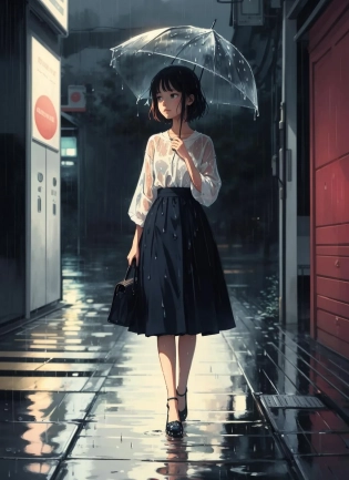 cute aesthetic illustration, flat anime, stylized digital art, (elegant woman standing in the rain, focused, wet), colorful style