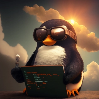 A bad boy and very thugz life penguin (laughing , wearing sunglasses and a gold chain with an ubuntu symbol) writing a bash script in vim, in the clouds, hyper-realistic