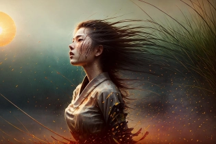 a lone female ronin in bloody yukata dancing in the rain, bare feet, wet, from behind, (long sword), wavy (tall grass:1. 2), sunset, [messy hair], full body, dramatic, backlit, volumetric lighting, (detailed face), (highly detailed:1. 2), painting, bloom <hypernet:LuisapAbstract_abstractVersion:0. 6>