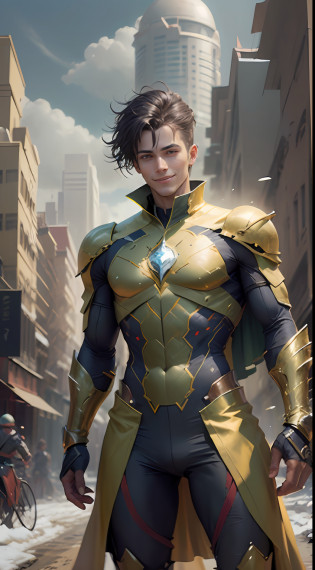 Develop (((Portrait of a hero))) in a green and gold suit. The hero must have a noble and powerful appearance, with pronounced character traits, ((((The hero smiles)))) . A green and gold costume should be modern and futuristic, with technological elements and details, that make it unique. The hero must be in a heroic pose, As if he is ready to take on any challenge, Who will meet on his way. The background scene can be a cityscape or an imaginary landscape, corresponding to the heroic aura of the character. Feel free to add creative and interesting details, to make the hero even more exciting