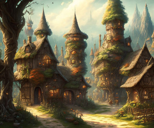 A painting of a fantasy village with many trees and houses, Fantasy City, whimsical fantasy landscape art, Arte de juego estilizado, Arte de fondo, Ilustraciones de fondo, A bustling magical town, Arte conceptual estilizado, fantasy matte painting?Lindo, en una casa estilo tierra de caramelos, Arte conceptual colorido, Bosque de dulces, Antecedentes de la ciudad, fantasy town setting, Antecedentes del juego