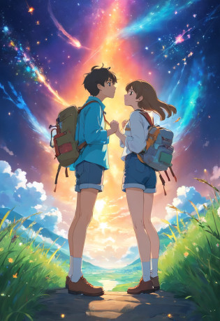 The vast starry sky, the beautiful skyline, the vast grassland, extremely tense and dramatic pictures, the moving visual effects, the high-hanging Polaris, and colorful natural light. A long-sleeved top, Denim shorts, And a girl with a backpack, long sleeved shirt, Denim jeans, And a boy with a backpack, two hand, Kissing, a couple, Koi, Lip kiss.