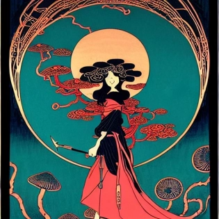dark teal and red ink with intricate designs, tarot card, a pyromancer witch mage, full of golden layers, clouds, vines, mushrooms, swirles, curves, wave, by Louise Nevelson and Hokusai and jean Giraud and Mike Mignola and John Howe, trending on artstation, elaborate illustration, incredible depth --ar 9:16