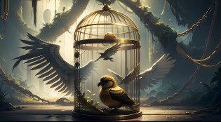 bird trapped in a golden cage, ultra realistic, --auto --s2