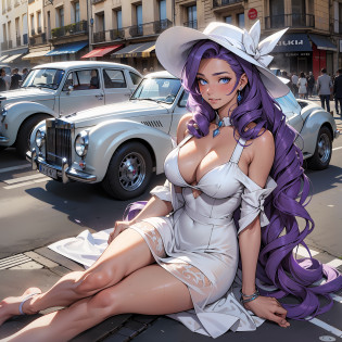 Rarity, Rarity of my little pony, Rarity in the form of a girl, long hair, lush hair, purple hair, curled hair, full-length, best quality, very detailed, ultra 8k resolution, medium breasts, lush breasts, voluminous breasts, firm breasts, five fingers, detailed hands, happy face, blush, sweat, wet with sweat, bare feet, blue eyes, luxurious white dress, city of Paris,  Eiffel Tower, big white hat, France, streets of Paris, car Rolls royce 40s white