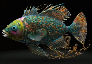 A multicolored fish with a spout in it, in the style of surrealistic biomechanics, daz3d, intricate embellishments, colorful animation stills, made of wire, yanjun cheng, peter sculthorpe