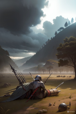 campo-de-batalha, soldado-de-armadura, Spears, espadas, sangue, morte, fogo, destruction, dark-and-rainy sky, bandeiras, estandartes, corvos, soldado-com-flechas-no-corpo, cavalos, lagrimas, chuva, medieval