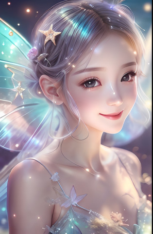 Beautiful fairy with a sense of transparency?Beautiful sparkling ocean?Transparent feathers?kindly smile?Summer background?Gentle and transparent fairy?Evening glow