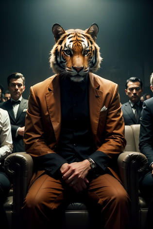 Compose a striking and cinematic photograph featuring a fierce malayan tiger in suits seated on a throne as the leader of a mafia gang, surrounded by her loyal male followers. Use dramatic and moody lighting techniques to create a compelling atmosphere that highlights the intensity and power dynamic within the group. Pay special attention to the tiger's confident and enigmatic expression as she commands the respect and allegiance of her followers. Capture the essence of their unity and authority, evoking a sense of intrigue and strength that defines their presence in the underworld.