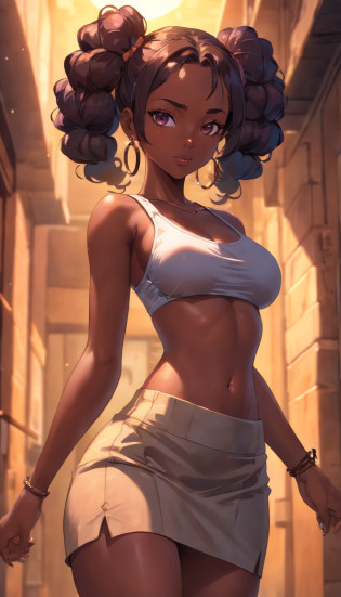uploaded on danbooru, solo African girl, (( portrait)), BREAK, ((wear wet tanktop, short skirt)), (detailed Bonifasko lighting), (detailed deep ebony skin), (detailed deep dark skin), BREAK, ((massive giant afro pigtails)), ((facing viewer with legs spread)), (cinematic lighting), ((detailed background)), ((high-angle view)), (((three-quarter view))), (half body shadow), [backlighting], [crepuscular ray], [detailed ambient light], [gray natural lighting], [ambient light on the belly], (higher exceptional detail), [explict content], [sharp focus], (questionable content), (shaded), ((masterpiece), big hips, medium breasts, [saliva dripping] breasts, African girl, massive giant afro pigtails, gorgeous Art, amazing Art, Commission for High Res, professional Art, POV professional Art, African beautiful women, masterpiece, big hips, big breasts, best quality, detailed image, bright colors, detailed face, perfect lighting, perfect shadows, perfect eyes, girl focus, purple eyes, flawless face, big breasts, gorgeous body, hourglass body, shiny body, center focus, deep ebony ears, deep ebony girl, cute, gorgeous woman, body deeep ebony skin, perfect nose, gaze at the viewer, half-closed eyes, 1girl, solo, full body, (masterpiece:1.21), (best quality:1.2), (illustration:1.2), (cinematic lighting:1.3), detailed deep ebony skin, massive giant afro pigtails, balanced coloring, global illumination, ray tracing, good lighting, african girl, african, big butt, showing breasts, cleavage, attractive body, sexy body, looking at viewer, seductive look, thick thighs, fit body, SFW