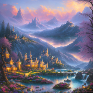 pintura de um castelo em uma paisagem de montanha com um lago, whimsical fantasy landscape art, magical landscape, pintura de paisagem de fantasia, scenery art detailed, scenery artwork, paisagem de arte de fantasia, dream scenery art, fantasy scenic, tomas kinkade, Kilian Eng e Thomas Kinkade, detailed scenery�width 672, paisagem de fantasia, Detailed dreamscape, fantasy painterly style