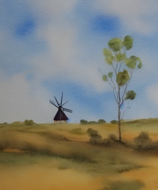watercolour painting of simple australian bush rural landscape with windmill in the style of Albert Namatjira