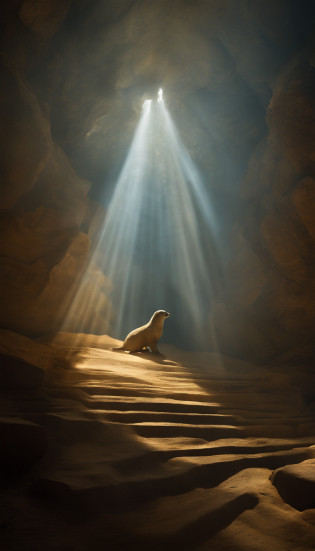 na Caverna Escura, John discovers the seven golden seals for the first time. The scene is filled with a mysterious atmosphere, como se algo divino estivesse prestes a ser revelado. The main focus of the scene is the seven golden seals. They emit a soft, ethereal glow, illuminating the surrounding darkness. The stamps are exquisitely crafted, with intricate patterns and symbols that suggest their ancient and sacred origins. Eles brilham com um brilho sobrenatural, cativando qualquer um que coloque os olhos sobre eles. The cave is vast, with towering walls stretching into the depths of darkness. Estalactites penduradas no teto, casting strange shadows on the ground. The air is heavy with a sense of anticipation and ancient power. Mysterious symbols and writings adorn the walls, Insinuando o enigma das focas. Uma fonte de luz fraca e cintilante, possivelmente uma lanterna velha, casts long shadows that dance and sway, increasing the sense of mystique. Rays of light penetrate through cracks in the walls of the cave, illuminating dust particles suspended in the air, creating an ethereal and almost magical environment. John stands in awe at the seals, seu rosto iluminado por seu brilho dourado. The expression on his face is a mixture of emotion, reverence, e uma pitada de medo. Ele pode sentir o imenso poder contido nos selos, e o peso da responsabilidade que vem com o desvendamento de seus segredos. The color tone of the scene is dominated by deep blue tones and subtle touches of gold, highlighting the mysterious and divine aura that permeates the cave. The lighting is low, acentuando o jogo entre luz e sombra, evocando um sentido de mitologia antiga e conhecimento oculto. When John reaches out to touch one of the seals, Um sussurro suave enche o ar, carrying a cryptic message that only he can hear. The cave seems to hold your breath, building anticipation for what lies beyond the closed gates. Geral, a cena na caverna escura onde John descobre o serne