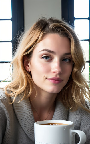 jolie belle blonde portant un pull jaune (Drinking coffee in a modern caf� at sunset), Very detailed, 18 ans, visage inoccent, natural wavy hair, yeux bleus, high resolucion, chef-d'work, beste-Qualit, intricate high detail, highly�detailed, net mise au point, detailed skin, realistic skin texture, texture, detailled eyes, professionnel, 4K, Sourire charmeur, prise de vue sur Canon, 85 mm, faible profondeur de champ, couleur de vision kodak, perfect fit body, extremly detailed, photo _ \ (ultra \), photoreallistic, Realstic, Post-traitement, max detail, roughness, vraie vie, ultra realist, photorealism, photographie, 8K UHD, photographie, dans une maison