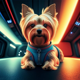 yorkshire terrier, dog in spaceship cloth, gun, spaceship on the background, blur background, artstation, 8k, ultra realistic, (hdr:1. 1)