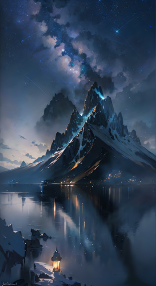 Starry Sky with Mountains and Lake, Jessica Rossier, Inspired by Jessica Rossier, Jessica Rossier Fantasy Art, Concept Art Magic Highlights, Official Artwork, Dream Painting, Ethereal Realm, Atmospheric artwork, dreamy matte paintings, serene endless stars inspired by Ted Nasmith, moonlit starry environments, epic music album covers.
