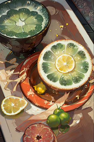 masterpiece, best quality, high quality, High definition, High quality texture, High quality shadow, floral, tropical, fruit, coffee beans, beach, citrus, lemon slices, lemon