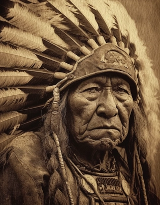 chief pepe lithograph from elk ridge photo collection by s, in the style of vintage sepia-toned photography, 32k uhd, dark indigo and silver, neo-mosaic, wet plate negatives, edgy political commentary, intricate detail --ar 179:230 --quality 2 --s 750