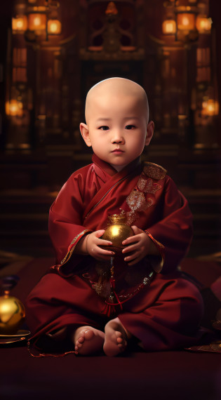 Arad baby in a red robe?Holding a golden ball in his hand, lovely digital painting, monk clothes, buddhist monk, portrait shooting, Buddhist, portrait of monk, monk, 2 1 st century monk, monk meditation, wearing gilded red robes, Buddhism, monk, close up portrait shot, Buddhist monk meditation, in red robes, high quality portrait