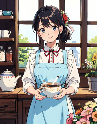 (top-quality??masterpiece)?Cover of women's cooking magazine?1girl in?30-years old?A stunning?cute little?Heartwarming smile?The figure of the hourglass?Wearing a floral dress?Pinney Apron?Beautiful food?Texto?diagrams?advertisement?Magazine Titles