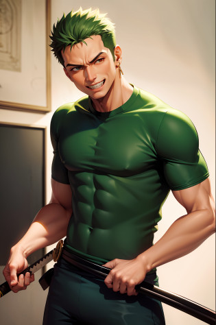(Masterpiece, Best Quality: 1.2), Zoro Man, Solo, Male Focus, 1boy, Roronoa Zoro, Scar, Muscle Man, Grinning, Looking at the Audience, (Dual Holding: 1.2) Katana,
