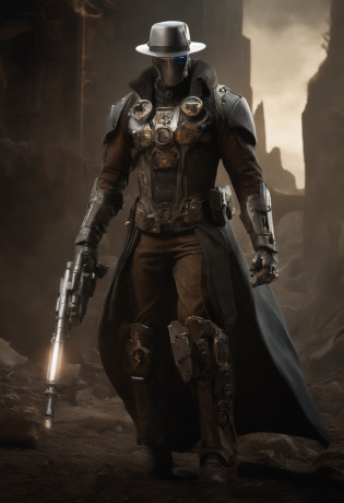 Visualize a male android, a striking fusion of human-like form and advanced machinery, standing in a post-apocalyptic wasteland. His sleek metallic body is both rugged and refined, reminiscent of iconic android characters from popular concept art. The android is dressed in a tattered, weather-worn duster coat, which flows dramatically in the wind. The coat, a patchwork of faded leather and aged fabric, exudes a sense of history and battle-tested experience. Beneath the coat, his sculpted, mechanical torso is visible, adorned with exposed gears and circuitry reminiscent of iconic cybernetic characters. These intricate details give him an air of technological sophistication. A broad-brimmed hat rests atop his head, casting his artificial face in shadow, just as popular android concept art often conceals facial features in mystery. Only one eye, a piercing blue light like those seen in renowned android designs, glows beneath the hat's shadow, conveying an aura of enigmatic determination. The lower half of his face is exposed, revealing a chiseled jawline and a set of mechanical lips. This juxtaposition of human and mechanical elements adds depth and intrigue to his appearance. One of his arms, an intricate masterpiece of polished chrome and intricate design, terminates in a hand that clutches a futuristic six-shooter. This weapon, with its intricate and ornate design, mirrors the iconic firearms often seen in cybernetic and android concept art. In this moment, amidst the desolation of the wasteland, the android stands as a captivating embodiment of popular android character concepts. The wind stirs his coat, creating a dynamic and visually arresting tableau. The Stranger is poised for action, a male android who captures the essence of technological prowess and mysterious determination.