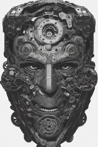 "the mask is unlatched and hangs open to the side" "revealing his true face", "his face is" a highly detailed "assortment of actuators, gears and sprockets", in "mid body" "diagonal profile", monochromatic, inked outline, on white background, NOT A PORTRAIT
