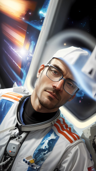 Astronaut, realistic, bespectacled man, with astronaut suit