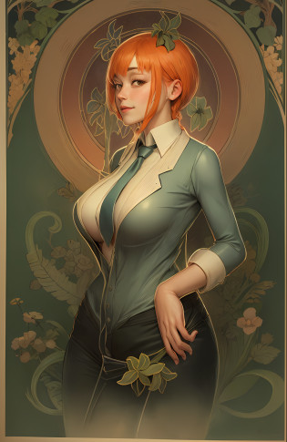 Poster close-up?Poster with a woman dressed with oriental elements?Modern Art Nouveau?Alphonse Mucha?Alphonse Mucha style?Raphael and Alphonse Mucha?Art New?ginger pubic hair?in an art nouveau style?artem demura alphonse mucha?in an art nouveau style?Mucha Art Nouveau?Art Nouveau masterpiece?White collared shirt, black necktie, black long pants, Blushlush, Overlooking, sensuality, twirl, natta, corneo_makima, makima\(Chainsaw man\), (huge tit:1.4), fingersmile:1.2, Nudy, Nasal redness, eye socket,