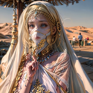 in a panoramic view?photorealestic?8K?Arabic style?golden hues?with blue sky and white clouds?Desert oasis?A market outside the luxury Arabic tent cluster?2 Arab slave girls?Wear a translucent traditional Arabian burqa?Arabic hijab?The Arabian veil is masked?Bind your hands?bound waist?anklet?sat on the ground?Eyes seductive?Masks, Masks?Gorgeously dressed?A noblewoman in a lavish Arabian burqa?See them up close?All masked?Perfectcomposition?professinal?Meistwick?commissioned?best qualtiy?color corrected?After fixation?Retouching?Improvement?Epic?Tone-mapping?the detail? highly  detailed? digitial painting? art  stations? Conceptual map of the long dam? Smoothness? Sharp focus? Beautiful illustration? photore? The light from the back window is backlighted? ????? Mist? ??? cinematic grain? professinal? face to the viewer??Beautiful m3d_woman? Perfect M3D_face,?? Volumetriclighting? subsurfacescattering? Good highlights? Good shadows? cinematic ligh