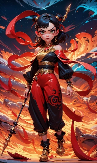 1girl, blood on face, angry, <lora:nezha_20230529030816:0. 75>, holding spear, (flying), chinese mythology, cloudy, detailed sky, abstract background, (flame_surge_style:0. 5)