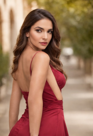 Mulher 30 anos extremamente realista, estilo latina usando vestido longo vermelho, cintura fina, rosto detalhado muito realista, cabelos longos, usando vestido longo tecido seda vermelho, pele brilhante detalhes realista, posando de corpo completo, parada numa rua, pousando de lado, quadril arqueado, hands on her waist, mulher muito bonita cintura fina bumbum alto, usando vestido longo de seda, detalhes das dobras do vestido , cor vibrante brilhante,