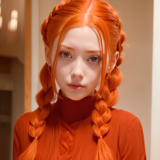 a close up of a woman with red hair wearing a red sweater, long braided orange red hair, complex redhead braided hair, red braided hair, red intricate long braids, two pigtails hairstyle, pigtails hairstyle, ginger hair, flowing ginger hair, orange braided hair, redhead girl, long ginger hair, red hair and attractive features, red head, redhead woman