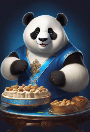 Panda de dibujos animados sosteniendo una bandeja con un letrero azul y blanco, anthropomorphic panda, mascot illustration, Sirviente vestido, Illustration of a panda, Pegatina de telegrama, panda anime en un disfraz de sirvienta, The panda is smiling,