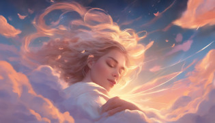 ?masterpiece, Highest Quality, MovieSteel, 1woman, Cloud Girl, Floating in the sky, close-up, brightness, happiness, Warm and soft lighting, sunset, Sleeping, Sleep on your stomach, sleep, eyes closed. (sparks:0.7)