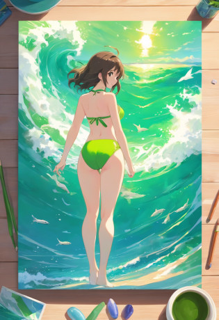 Set the canvas color to green?
Draw a huge one in the center of the canvas?A green giant similar to human form?
Place a comfortable lounge chair next to the Big Green?And adjust the angle of the recliner so that he can sit comfortably?
Draw a wide stretch of beach and sea water on the right side of the canvas?The color of the sea is clear and transparent?
Draw a beautiful young maiden in the seawater?She wears a beautiful swimsuit?With a smile?
A curve is drawn between the maiden and the green giant?Indicates the bond between them?
Draw some details of seagulls and sunlight twinkling on the sea?Make the picture more vivid?
Enfim?Add some detail and light and shadow effects to the canvas?Make the whole picture more realistic?
