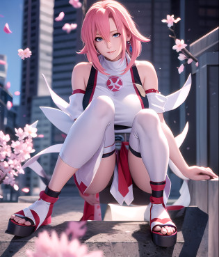 arafed woman sitting on a ledge with her legs crossed, sakura haruno, haruno sakura, photorealistic anime girl render, beautiful anime girl squatting, seductive anime girl, yayoi kasuma, the anime girl is crouching, sakura haruno in slug sage mode, 3 d anime realistic, character from king of fighters, anime barbie in white stockings