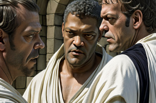 there are two people arguing, (((laurence fishburne))), (((Hugh Laurie))) , (((dressed in biblical times clothes))), black bald man, dressed in white, arguing with evil looking Hugh Laurie, (hugh laurie with white biblical clothes), (Hugh Laurie and laurence fishburne arguing), ((extreme closeup)), (close up)