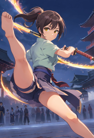 (masterpiece, best quality),
batt?jutsuswing, (holding weapen:1.3),fighting stance,
1girl, battoujutsu stance, spread legs, samurai, iaidou, cowboy shot, looking at viewer,
break girl, japanese clothes, black hakama, black hair, high ponytail, long hair, yellow eyes, medium breasts, chest sarashi,
break background, edo , castle