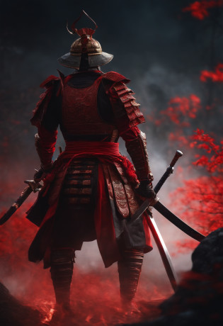 samurai com roupa escura, componentes de robo, com uma espada brilhando vermelho, de frente, fundo escuro, realista,