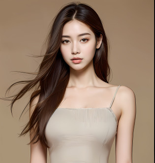 araf asian woman with long brown hair wearing a tanned top,