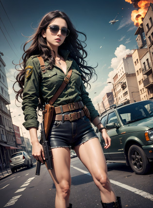 Movie poster commando Portuguese, beautiful woman, medium dark long hair, sunglasses, with big gun in hand, black clothes, rivets, explosions, cars, planes, just one body