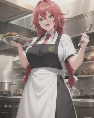 girl, large breasts, happy, dreadlocks, medium hair, best hair, chef, gordan ramsay, chef outfit, restaurant, kitchen, cooking. anime, professionally color graded, HDR, anime face, 1girl, face by Artgerm, Greg Rutowski, volumetric lighting, bright bursting colors, intricately detailed outfit, dynamic pose, octane engine, anime face
