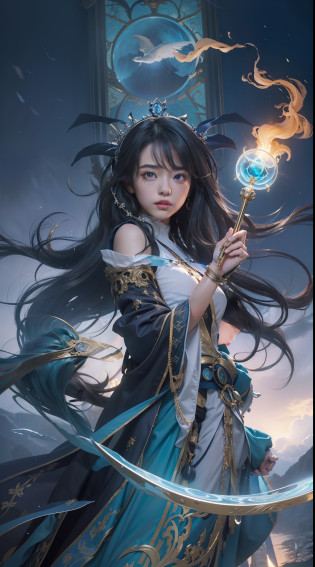Above the rising clouds,Night, Dark, (Fantasy),infinite,deep blue sky,The abyss of knowledge,Cowledge,((masutepiece)), (((Best Quality))),((Beautiful fine eyes)),(Eye lashes)?Realistic clouds?Very beautiful face?The ultra -The high-definition?high fantasy castle?beautiful  Girl?(???1?)?Black hair?The long-haired?abyss eyes?glowy skin?oils?small tits?Perfect human body structure?Wizard robes?der riese?tattered cloth?Realistic coat?Teenchi?Super delicate CG Unity 32k wallpaper?photoRealstic??masterpiece, ((ultra-detailliert)), ((illustratio)),colourfull,wall-paper,The energy,Unknown terror,Incomprehensible,Around the magic,Magical surroundings,magic wands,Boken,Flying pages,Know everything,Predict the future?Get to know the past?Infinite wisdom?blue flames?Warlock?magic circles?Pentagram?Spells?mantra?Singing magic