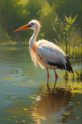 There is a stork bird that is standing in the water, Sun reflecting off water, montanha ao fundo, vegetation around, pintura bonita de um alto, realistic illustration, baixo detalhamento. pintura digital, pintura digital elegante, pintura digital de alta qualidade, ultra realistic illustration, #1 pintura digital de todos os tempos, # 1 pintura digital de todos os tempos, pintura digital bonita, pintura digital muito detalhada, pintura digital altamente detalhada, lindo pintura digital
