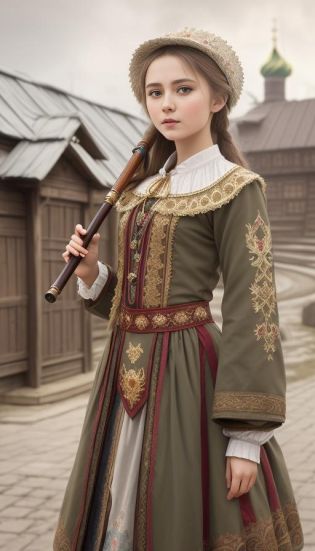Russian russian national costume, young girl holding  a pipe in right hand, Russian national costume, , Russian national costume, wooden buildings on the background, epic realistic, faded, neutral colors, (hdr:1.4), (muted colors:1.4), (intricate), (artstation:1.2), dramatic, intricate details, (technicolor:0.9), detailed, [[rutkowski]], intricate, cinematic, detailed