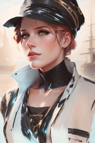 there is a woman in a hat and jacket standing by the water, detailed character portrait, character portrait closeup, character art portrait, closeup character portrait, charlie bowater character art, beautiful character painting, epic portrait illustration, character portrait art, character art closeup, pirate portrait, painted character portrait, charlie bowater art style, cgsociety portrait