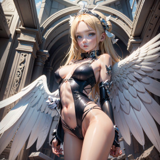 From below, (absurd, highres, ultra detailed), 1girl, mature woman, intricate details, enlarged textures, intricate details, finely detailed eyes and detailed face, intricate details, red hair, (closed mouth), (masterpiece, best quality), 1lady, solo, (white scaly body), halo, wings, fallen angel, showing lots of skin, large breasts, bent over, hands spreading booty, looking back at the viewer, from below