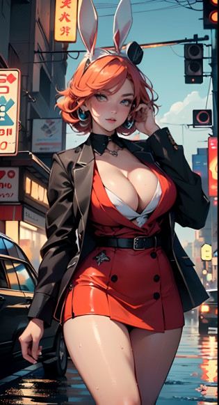 cute bunny girl,(((1girl))),((bunny girl with extremely cute and beautiful orange hair)),(((bunny girl,anthro furry cute,bunny-girl,bunny ears,bunny ears on head,big bunny ears))),


(large breasts:1.4),saggy breasts,(((red orange hair:1.35,colored inner hair,ear breathing,large hair))),(((heterochromia:1.5,eye1 red,eye2 orange))),intricate eyes,beautiful detailed eyes,symmetrical eyes,big eyes:1.3,((fat)),(((lustrous skin:1.5,bright skin: 1.5,skin tanned,shiny skin,very shiny skin,shiny body,plastic glitter skin,exaggerated shiny skin,illuminated skin,wet legs))),(spider lower abdomen,narrow waist,wide hip,athletic body,inflated legs,delicate detailed fingers,detailed body,detailed arms,human hands,(detailed face)),

cute,slutty,seductive,erotic,(((nsfw))),

(((wearing dark red formal blazer,short skirt,))),(((huge cleavage))),((wet clothes,intricate outfit,intricate clothes)),

(dynamic pose:1.0),solo focus,embarrassed,(centered,scale to fit dimensions,Rule of thirds),

cyberpunk city by the ocean at night, with bright neon signs and dark stormy clouds and puddles, scenery:1.25,

highres, sharp focus, (ultra detailed, extremely detailed), (photorealistic artwork:1.37),(extremely detailed CG unity 8k wallpaper),((synthwave background theme)),(((vibrant colors))),(intricate background),(masterpiece),(best quality),
